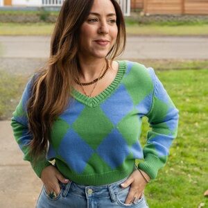 Argyle V-Neck Sweater - Green and Blue